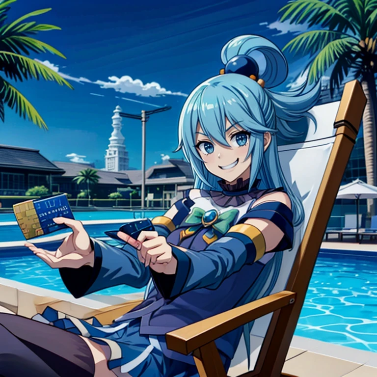 ((top quality, 8k wallpaper)),(masterpiece, best quality),extremely detailed,high definition,(official art:1.3),(((anime screencap,black outline))),<lora:more_details:0.3>,<lora:LCM_LoRA_Weights_SD15:1>,1girl,solo BREAK <lora:aqua_(konosuba)_v1:0.75>,aaaqua,long hair,blue hair,hair rings,hair ornament,choker,bare shoulders,green bow,blue shirt,detached sleeves,blue skirt,thighhighs BREAK <lora:creditResort:0.4>,solo focus,architecture,poolside,palm tree,building,beach,luxury,(((sitting,reclining,chair,laughing,evil eyes,evil grin,holding credit card, reaching out,english text on credit card))),