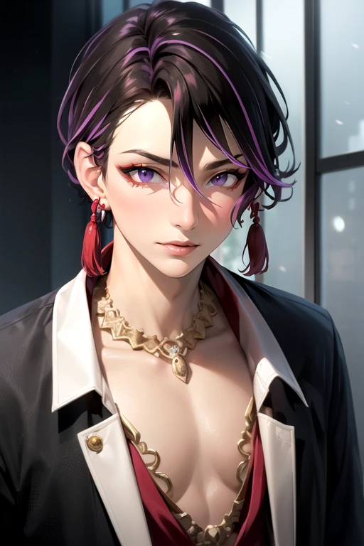 photorealistic, (4k), depth of field, (Masterpiece), (realistic skin texture), extremely detailed, intricate, hyper detailed, high resolution, professional photography, , depth of field, sharp detail, best quality, , 1boy, solo, male focus, <lora:iori_suiseki:0.74>, iori_suiseki, black hair, purple eyes, , multicolored hair, purple hair, , , jewelry, , psycho costume, feminist science fiction, 16k resolution