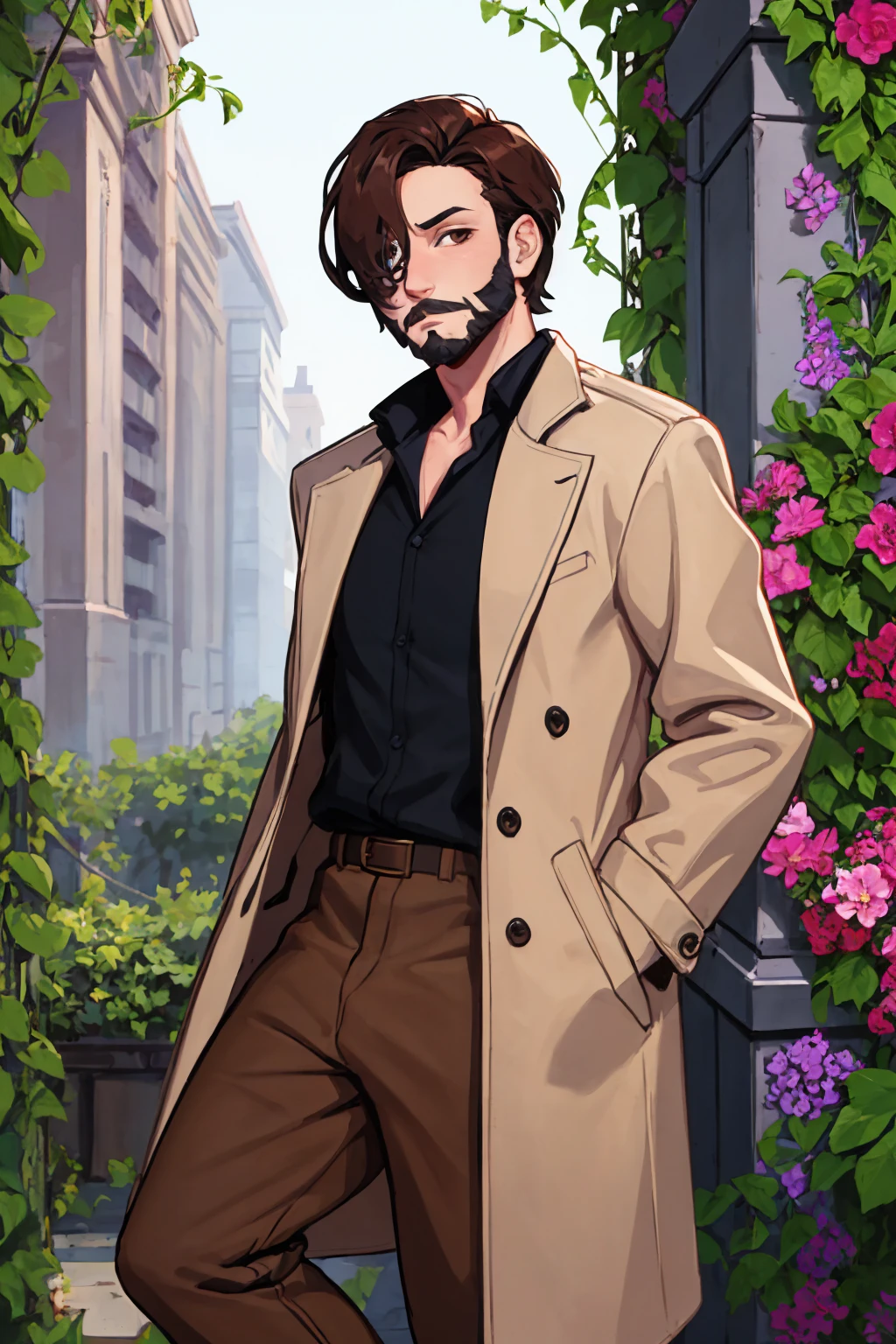 (masterpiece, best quality:1.2), pillar, vines, flowers, solo, male focus, 1boy, facial hair, expressionless, looking at viewer, brown hair, hair over one eye, open clothes, coat, brown pants