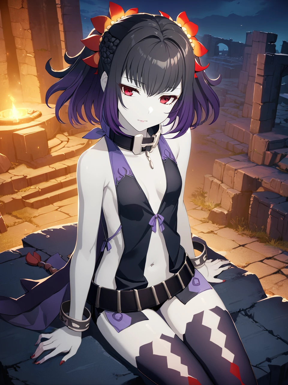 dssymonne, black hair, purple hair, short hair, braid, red eyes, hair flower, hair ornament, pale skin, small breasts, choker, bracelet, short shorts, belt, thighhighs, revealing clothes, navel, 1girl, solo
BREAK
outdoors, night sky, ancient ruins, sitting, from above, depth of field, cinematic, masterpiece, best quality, game cg
<lora:dssymonne_a3b:1>