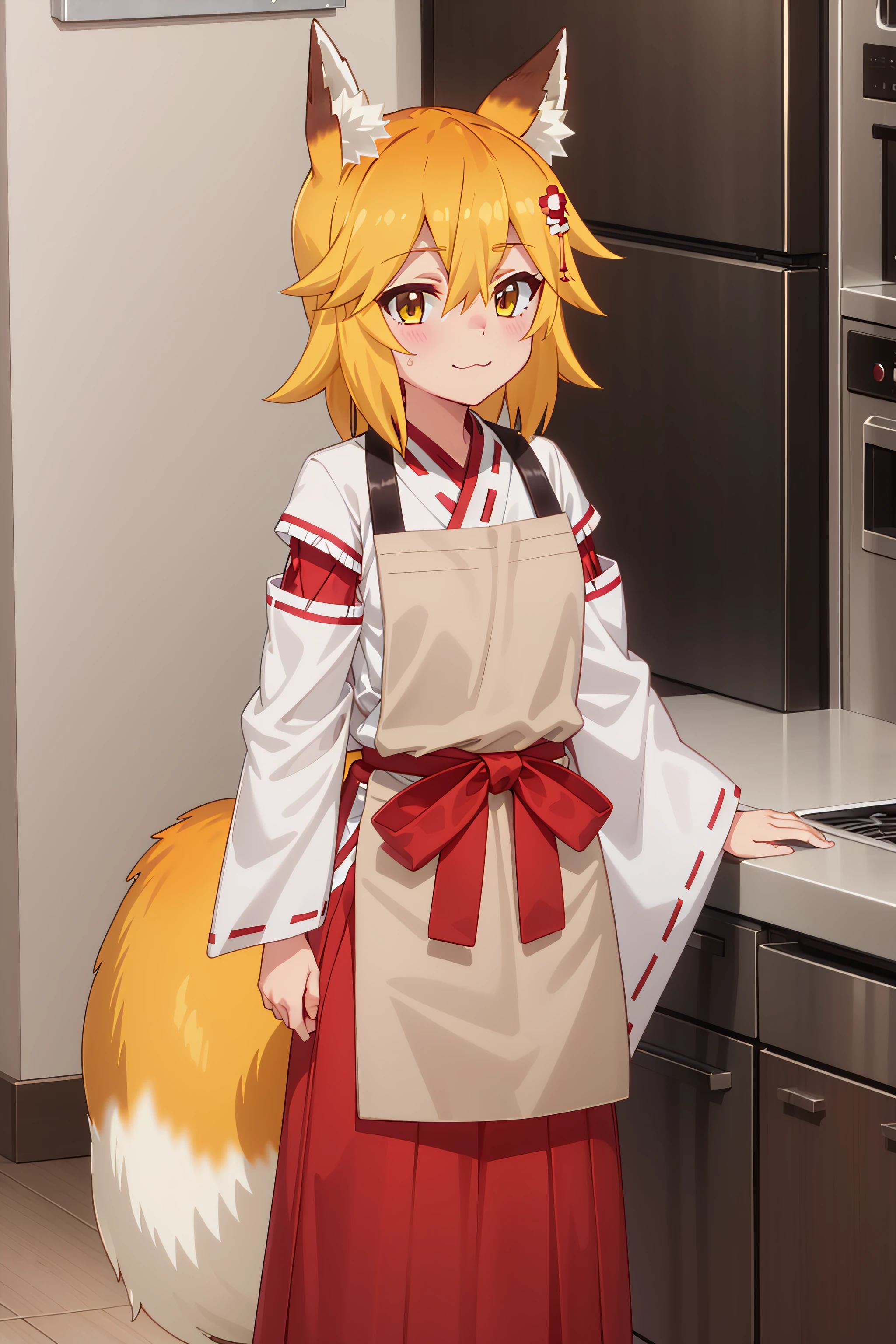 best quality, masterpiece, detailed,
<lora:SewayakiKitsune_Senko:0.8>, KitsuneSenko,
1girl, :3, closed mouth, light smile,
orange hair, yellow eyes, medium hair, fox ears, fox tail,
SenkoMiko, miko, brown apron, red hakama,
standing, looking at viewer, arms at sides,
indoors, kitchen