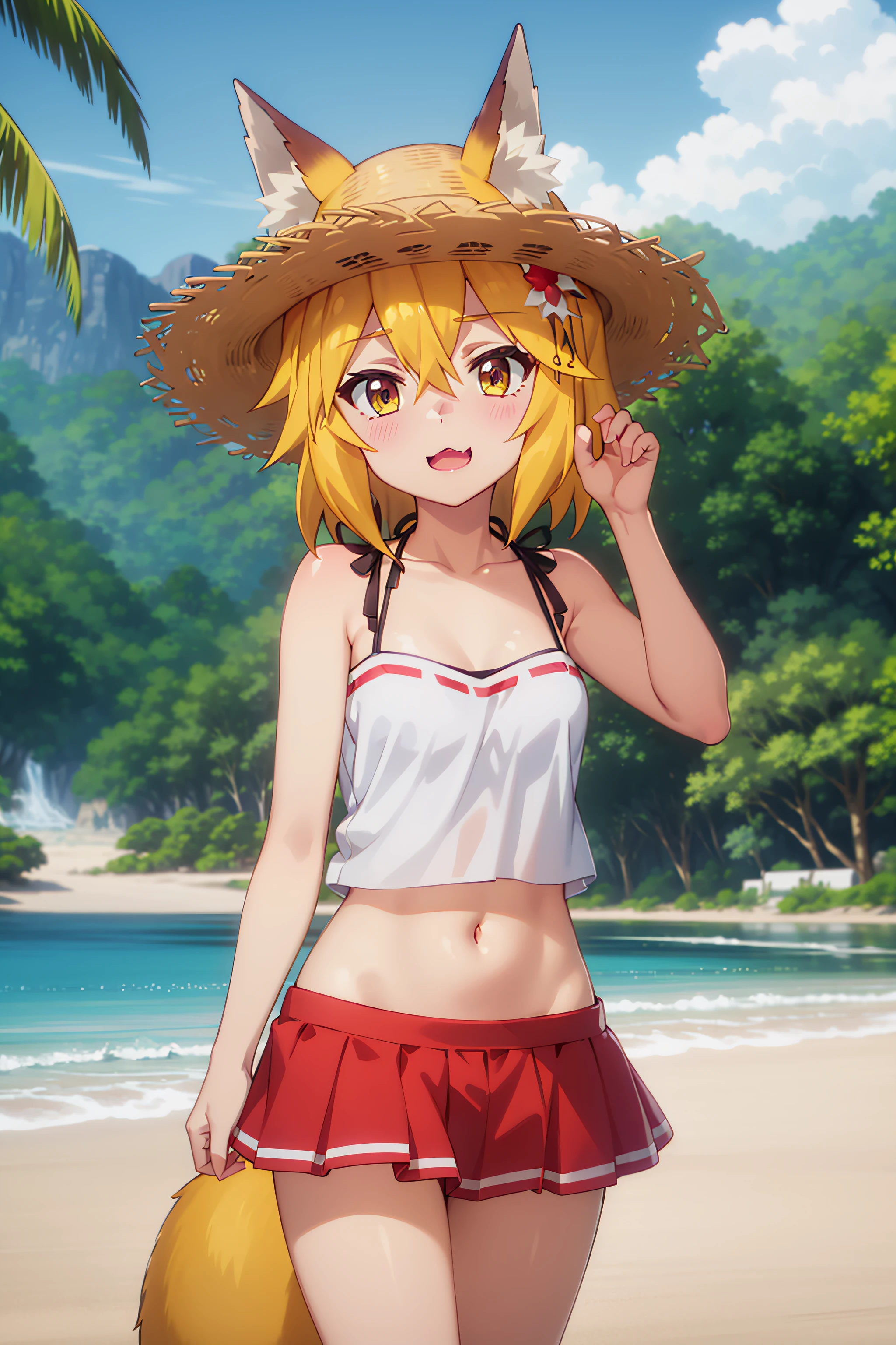 best quality, masterpiece, detailed,
<lora:SewayakiKitsune_Senko:0.8>, KitsuneSenko,
1girl, :3, open mouth,
orange hair, yellow eyes, medium hair, fox ears, fox tail,
SenkoSwimsuit, white camisole, midriff, red skirt, straw hat, hat flower,
standing, head tilt, looking at viewer,
outdoors, beach, water, palm