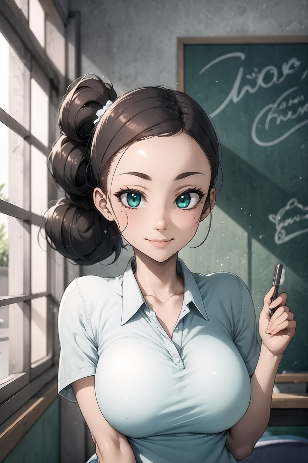 (masterpiece, best quality:1.4), <lora:carolinav4:0.7>, brown hair, green eyes, curvy, side ponytail, dark-skinned female, female, tan, 1girl, solo, shirt, white shirt, breasts, smile, collared shirt, upper body, looking at viewer, dark skin, indoors, classroom, chalkboard