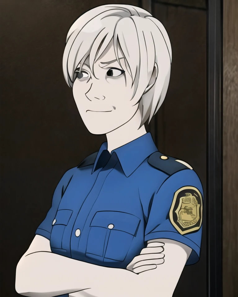 best quality, masterpiece, monochrome, meme, parody, <lora:mtstyle:0.8> mtstyle, <lora:cybilbennettv2:0.85> cybilbennett, 1girl, uniform, crossed arms, police, police uniform, upper body, solo, looking at viewer, simple background