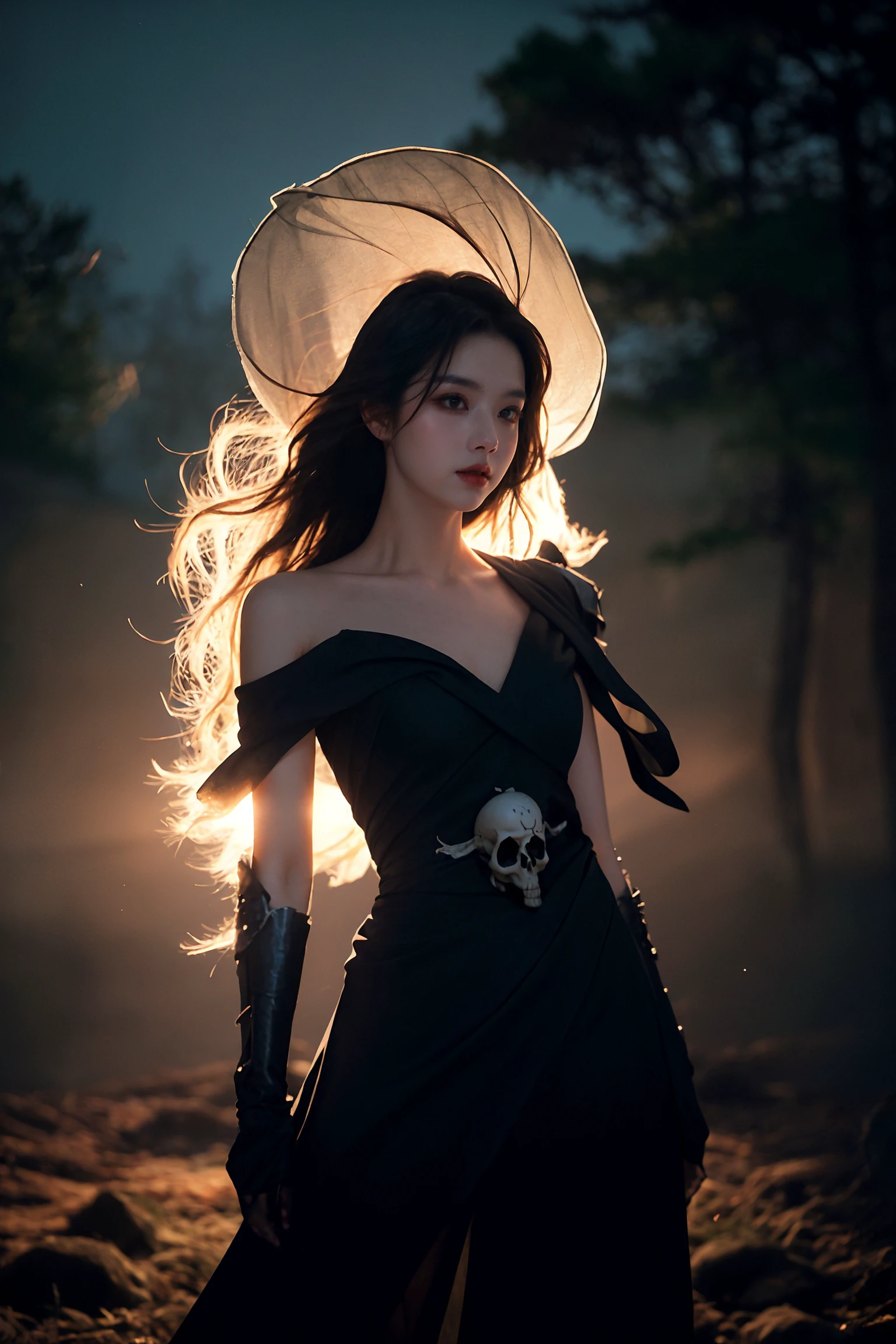 The Skeleton young Witch, flying, epoxy_skull, amidst a black swirling vortex in a dark, mystical forest. A beautiful woman with long hair stands, her figure draped in skeletal armor and an ethereal dress, engulfed by the swirling darkness. The scene is intensely cinematic, dominated by deep shadows pierced by subtle hints of light, crafting a dramatic interplay of darkness and luminescence. Wind, intensified to 1.2, weaves through the trees, enhancing her enigmatic silhouette, now surrounded by black smoke and the eye of a storm. Close-up on her sad expression, amidst sparkling embers and a billowing long piece of cloth,