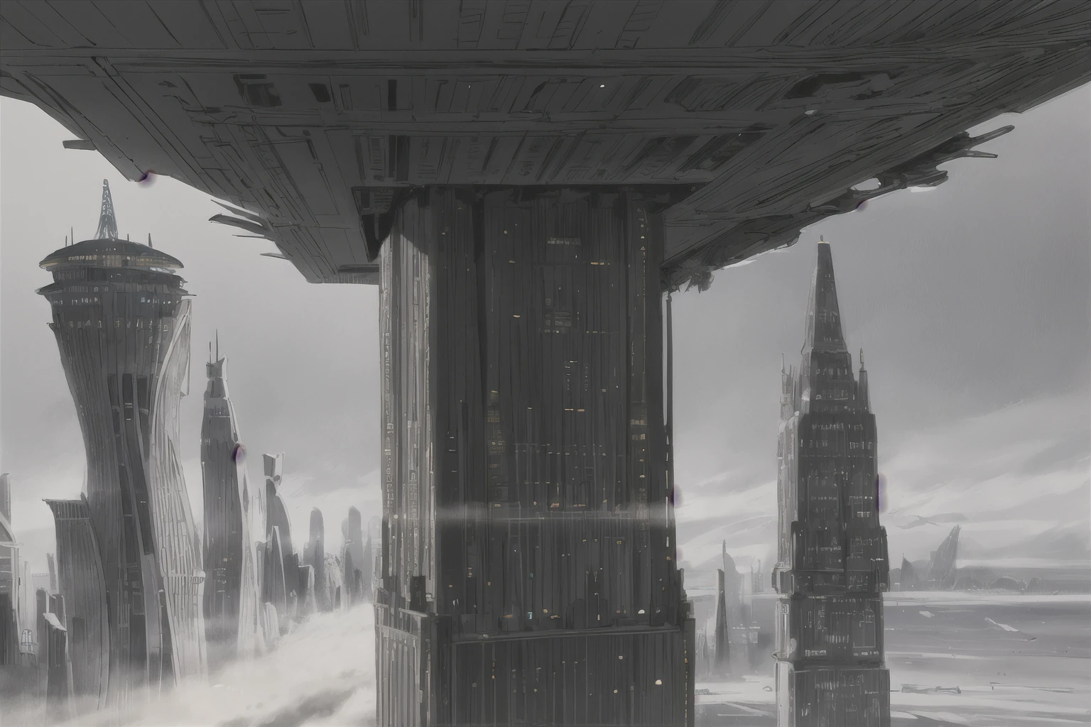 a futuristic city with a lot of tall buildings and a plane flying over it in the sky above the city, matte painting concept art, a detailed matte painting, retrofuturism <lora:Ralph_Mcquarrie_style:1>