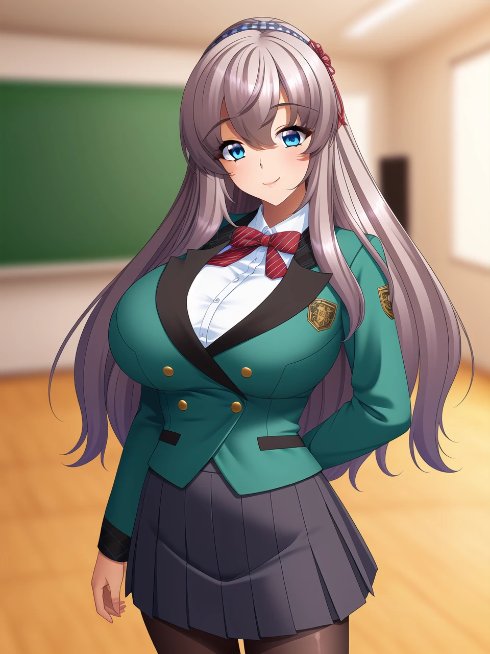 <lora:Yoshimiya_Mafuyu_lora:0.7>, long_hair, blue_eyes, silver_hair, hairband, large_breasts,
best quality, (8k), (4k),(Masterpiece), (Best Quality), extremely detailed, intricate, hyper detailed, illustration,
Beautiful long legs,Beautiful body,Beautiful Nose,Beautiful character design, perfect eyes, perfect face,
(1girl), bishoujo, (portrait), indoors, (pov:1.2), student, classroom,
long sleeves, (school uniform), (black pantyhose:1.2), (pleated_skirt),
(standing), smile, closed mouth, looking at viewer,