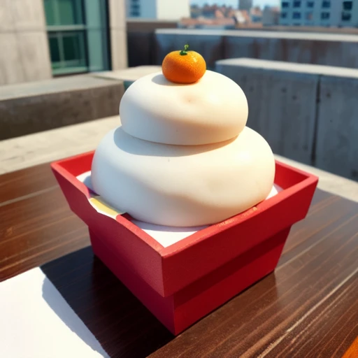 <lora:Rice_cake_for_New_Year's_v1:0.5>, kgmmt, mochi, orange, kagami_mochi, realistic, cityscape, building,