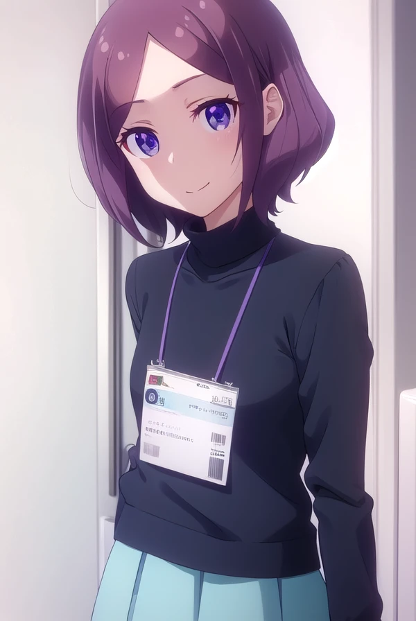 rintooyama, <lora:rin tooyama s2-lora-nochekaiser:1>,
rin tooyama, short hair, brown hair, (purple eyes:1.1), smile,
BREAK skirt, shirt, long sleeves, black skirt, turtleneck, blue shirt, id card, lanyard,
BREAK indoors, office,
BREAK looking at viewer, (cowboy shot:1.5),
BREAK <lyco:GoodHands-beta2:1>, (masterpiece:1.2), best quality, high resolution, unity 8k wallpaper, (illustration:0.8), (beautiful detailed eyes:1.6), extremely detailed face, perfect lighting, extremely detailed CG, (perfect hands, perfect anatomy),