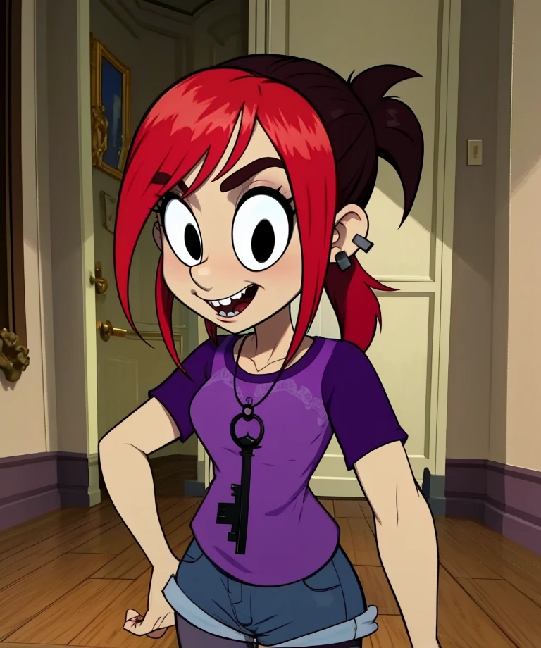 Mina,red hair,two-tone hair,small ponytail,black eyes,
purple shirt,short sleeves,key necklace,pantyhose,jean shorts,stud earrings,
large spooky mansion, happy,
standing,upper body, indoors,
(insanely detailed, masterpiece, best quality),
solo,<lora:MinaMonroe:0.8>,