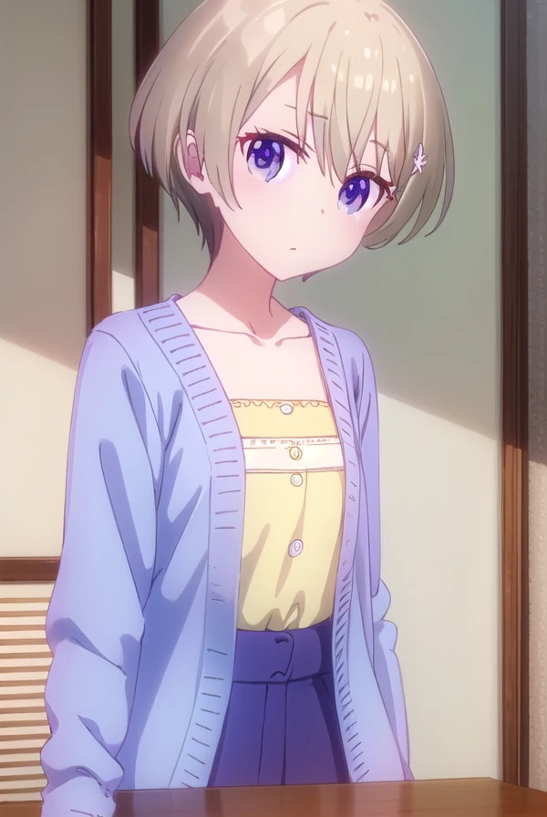 hotaruhoshikawa, <lora:hotaru hoshikawa s2-lora-nochekaiser:1>, 
hotaru hoshikawa, short hair, brown hair, hair ornament, hair between eyes, (purple eyes:1.1), flower, hair flower,
BREAK collarbone, cardigan, dress, yellow dress,
BREAK indoors, office,
BREAK looking at viewer, (cowboy shot:1.5),
BREAK <lyco:GoodHands-beta2:1>, (masterpiece:1.2), best quality, high resolution, unity 8k wallpaper, (illustration:0.8), (beautiful detailed eyes:1.6), extremely detailed face, perfect lighting, extremely detailed CG, (perfect hands, perfect anatomy),