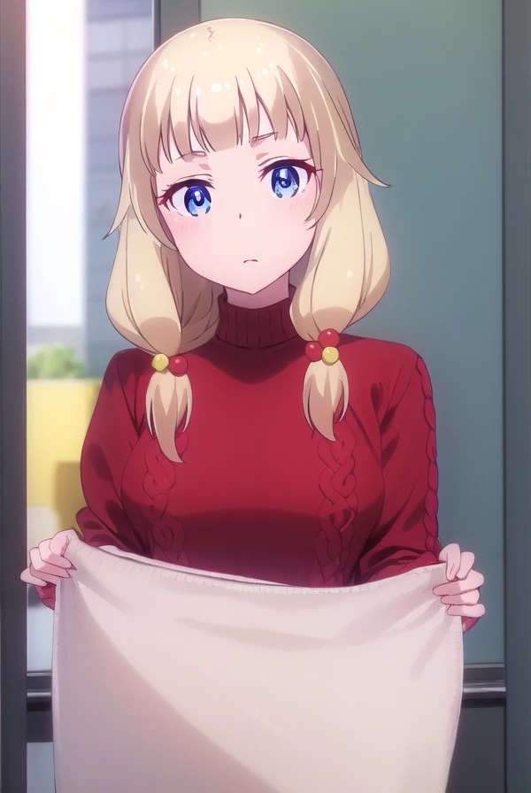 nenesakura, <lora:nene sakura s2-lora-nochekaiser:1>,
nene sakura, bangs, blue eyes, blonde hair, hair ornament, twintails, hair bobbles,
BREAK long sleeves, shirt, collared shirt, sweater, (red sweater:1.5),
BREAK indoors, office,
BREAK looking at viewer, (cowboy shot:1.5),
BREAK <lyco:GoodHands-beta2:1>, (masterpiece:1.2), best quality, high resolution, unity 8k wallpaper, (illustration:0.8), (beautiful detailed eyes:1.6), extremely detailed face, perfect lighting, extremely detailed CG, (perfect hands, perfect anatomy),