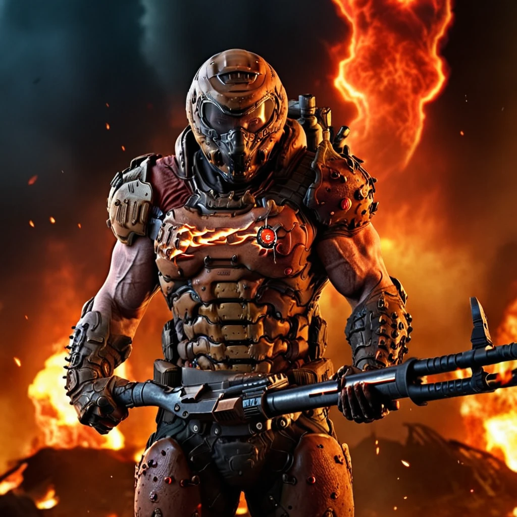 cinematic photo a man with weapons, full body, apocalyptic background, flames <lora:Doom1024-000350:0.7> . 35mm photograph, film, bokeh, professional, 4k, highly detailed
