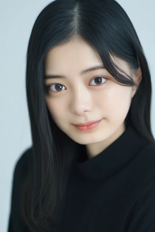 <lora:ayakakonno:1> A studio portrait of a ayaka, black hair, with black casual long-sleeved clothes, centered frame, medium close up 3:4, natural soft background color