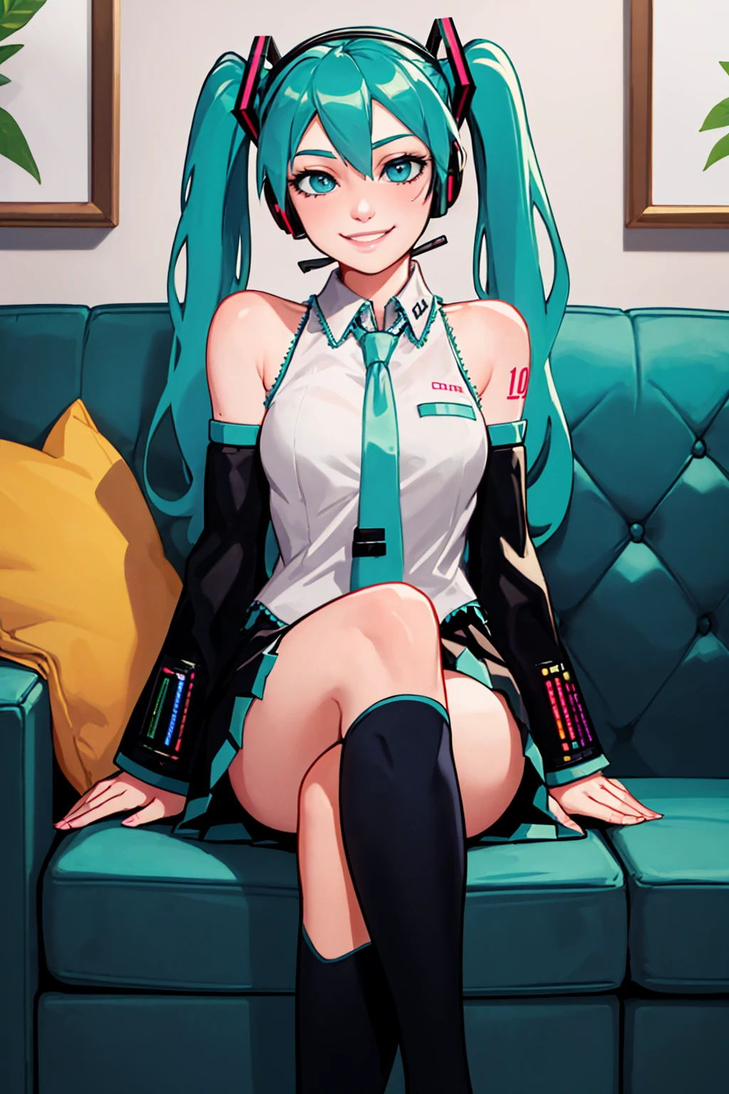 1 girl, solo, Ito, blonde hair, glasses, multicolored hair, aqua polka dot bra, orange polka dot panties, purple eyes, short hair, ribbon stocking, sneakers, little breasts, shy, by gamer chair, dark gamer room, smiling, standing, hands on hips, full body view, slim body,