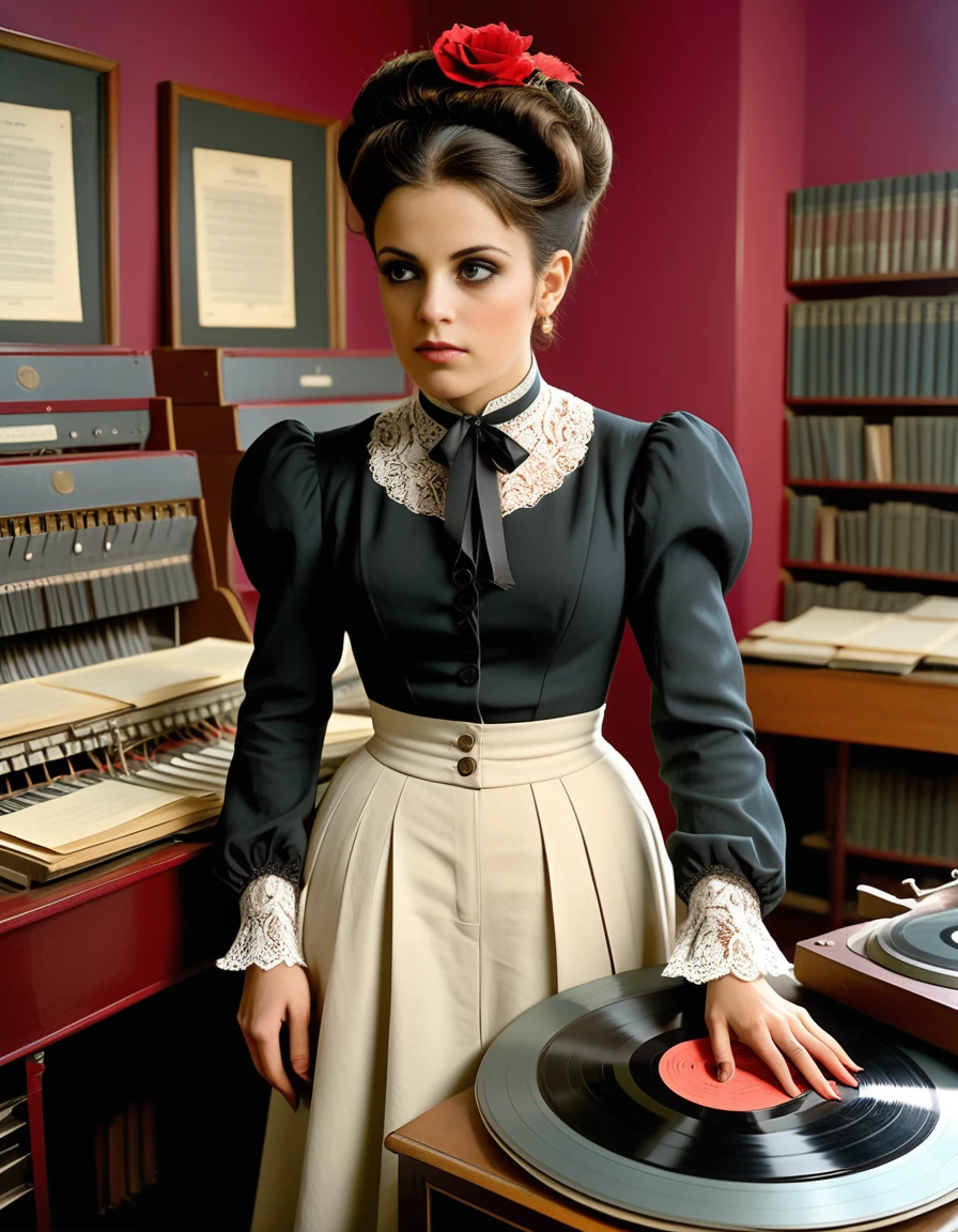 Spain in the year 1900 <lora:HHgirl:1.0> photo of hhgirl at a record company