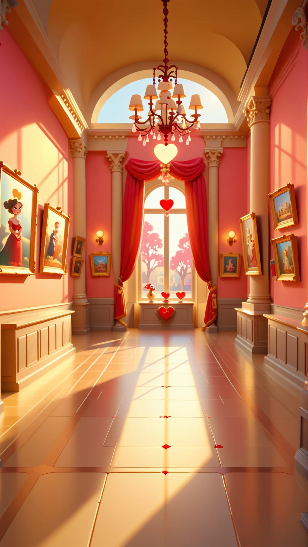 cartoon style,<lora:valentine's day date_XSE_GAME_V1:0.8>,valentine's day date,the warm sunshine,an empty museum,