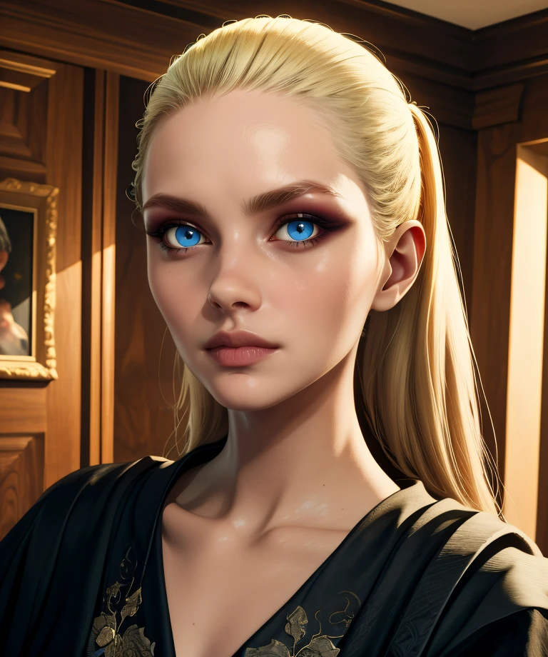 maranda,blue eyes,blonde hair,hair slicked back,
black robes,close up,  serious, 
indoors,night,
(insanely detailed, masterpiece, best quality),<lora:mothermaranda:0.8>,