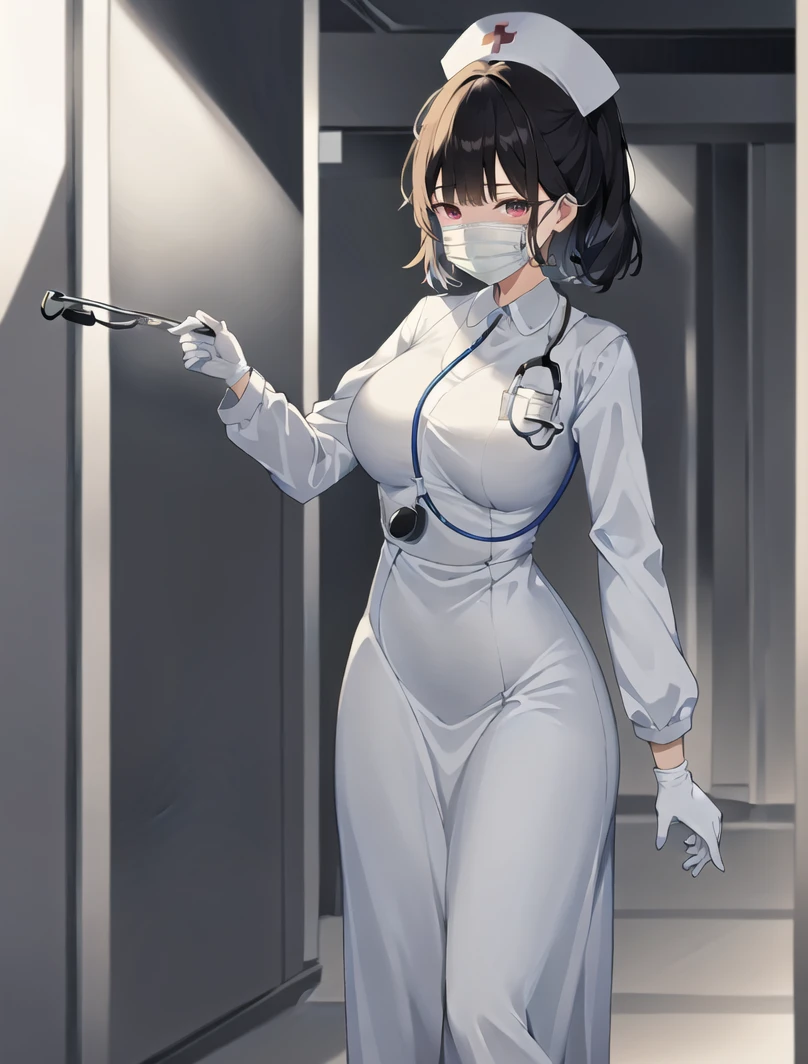 masterpiece, best quality, high quality,1girl, lower body, hospital, <lora:Long nurse unifirm T2:0.9> (longnurset2, gloves, surgical mask, nurse, nurse cap, stethoscope,puffy dress,long sleeves,long dress)