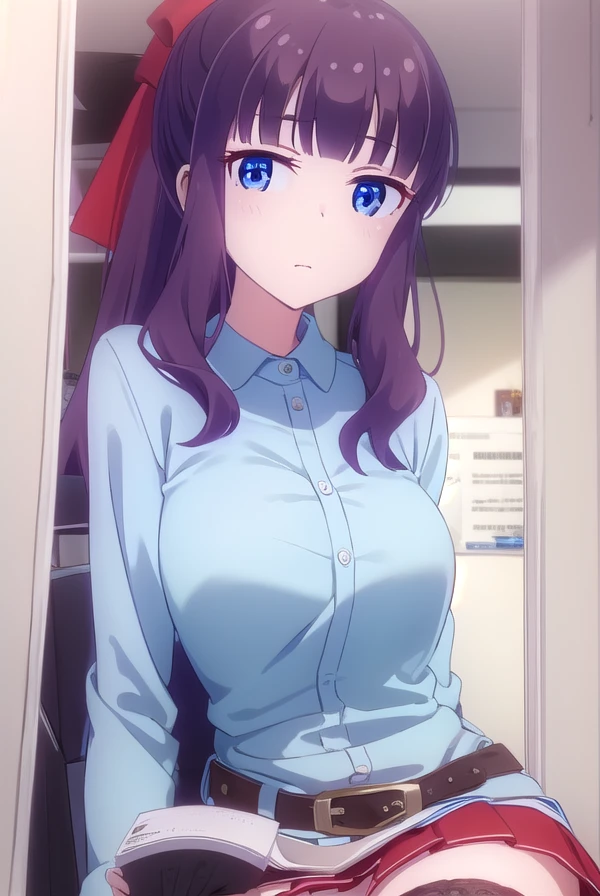 hifumitakemoto, <lora:hifumi takemoto s2-lora-nochekaiser:1>,
hifumi takemoto, long hair, bangs, blue eyes, bow, ponytail, purple hair, hair bow,
BREAK skirt, shirt, thighhighs, white shirt, black thighhighs, red skirt,
BREAK indoors, office,
BREAK looking at viewer, (cowboy shot:1.5),
BREAK <lyco:GoodHands-beta2:1>, (masterpiece:1.2), best quality, high resolution, unity 8k wallpaper, (illustration:0.8), (beautiful detailed eyes:1.6), extremely detailed face, perfect lighting, extremely detailed CG, (perfect hands, perfect anatomy),