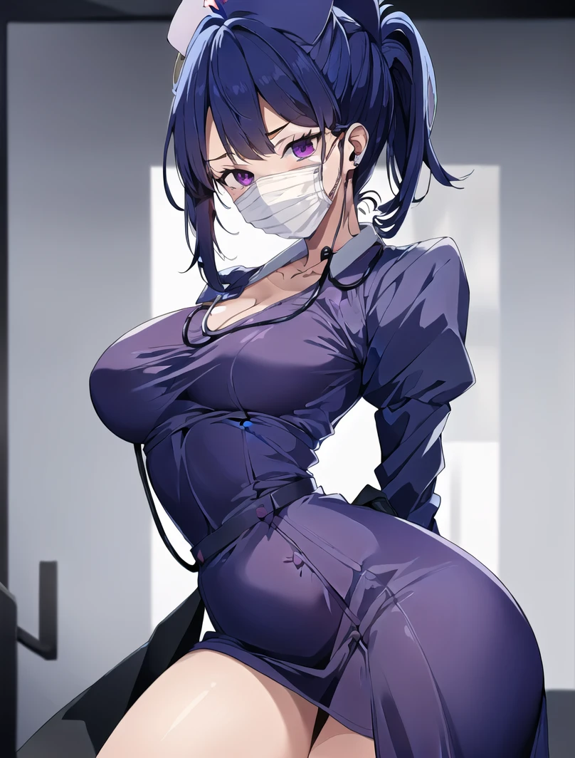 masterpiece, best quality, high quality,1girl, lower body, hospital, <lora:Long nurse unifirm T2:0.8> ((longnurset2, gloves, surgical mask, nurse, nurse cap, stethoscope,puffy dress,long sleeves,long dress)), <lora:Valerie Kato:0.7> ((valerie kato, aignch05, 1girl, solo, cleavage, blue hair, purple eyes, blush, earrings, medium breasts, mature_female, folded ponytail, valentine)),