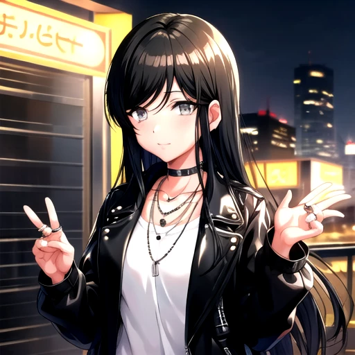 <lora:NotToyaSis-10:0.7>, tsubakid4dj, looking at viewer, shirt, long sleeves, jewelry, very long hair, closed mouth, collarbone, jacket, white shirt, upper body, open clothes, choker, shiny, necklace, shiny hair, open jacket, black jacket, swept bangs, ring, leather, leather jacket