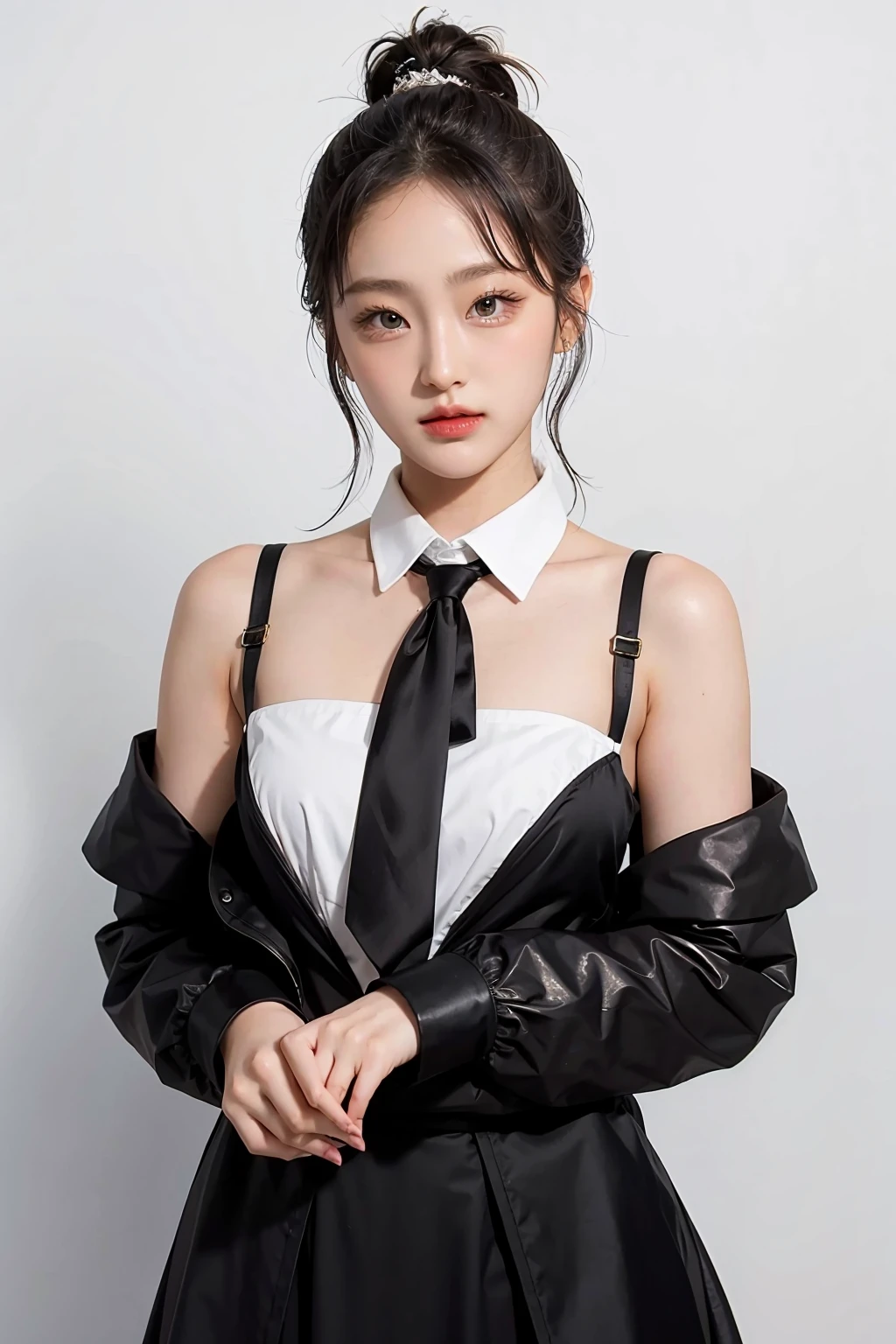 1girl, black random formal attire, white background, <lora:ppunnch_4EVE-02:1>