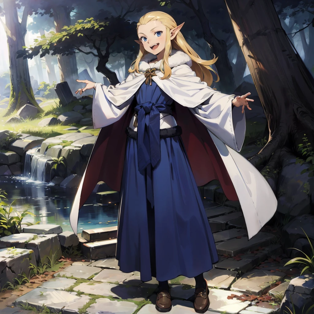 <lora:JessicaAlkirk001:0.5>,smile,fangs,
Jessica,1girl,
blonde hair,long hair,blue eyes,pointy ears,
robe,cape,
long_skirt,shoes,
nature,
full body,