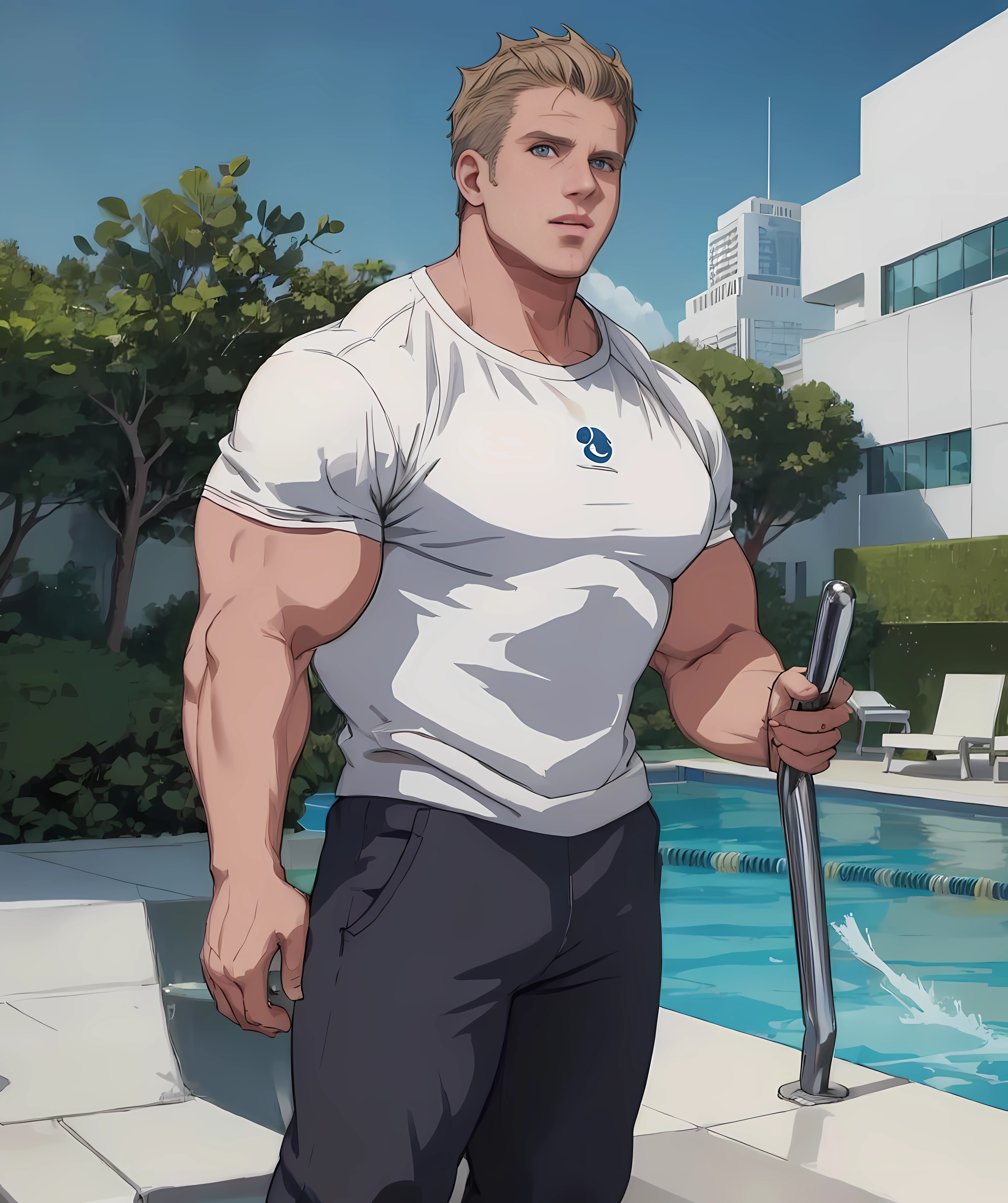 (jay_cutler_bodybuilder), looking at viewer, t-shirt, pants, pool, standing <lora:Jay_Cutler:0.85>