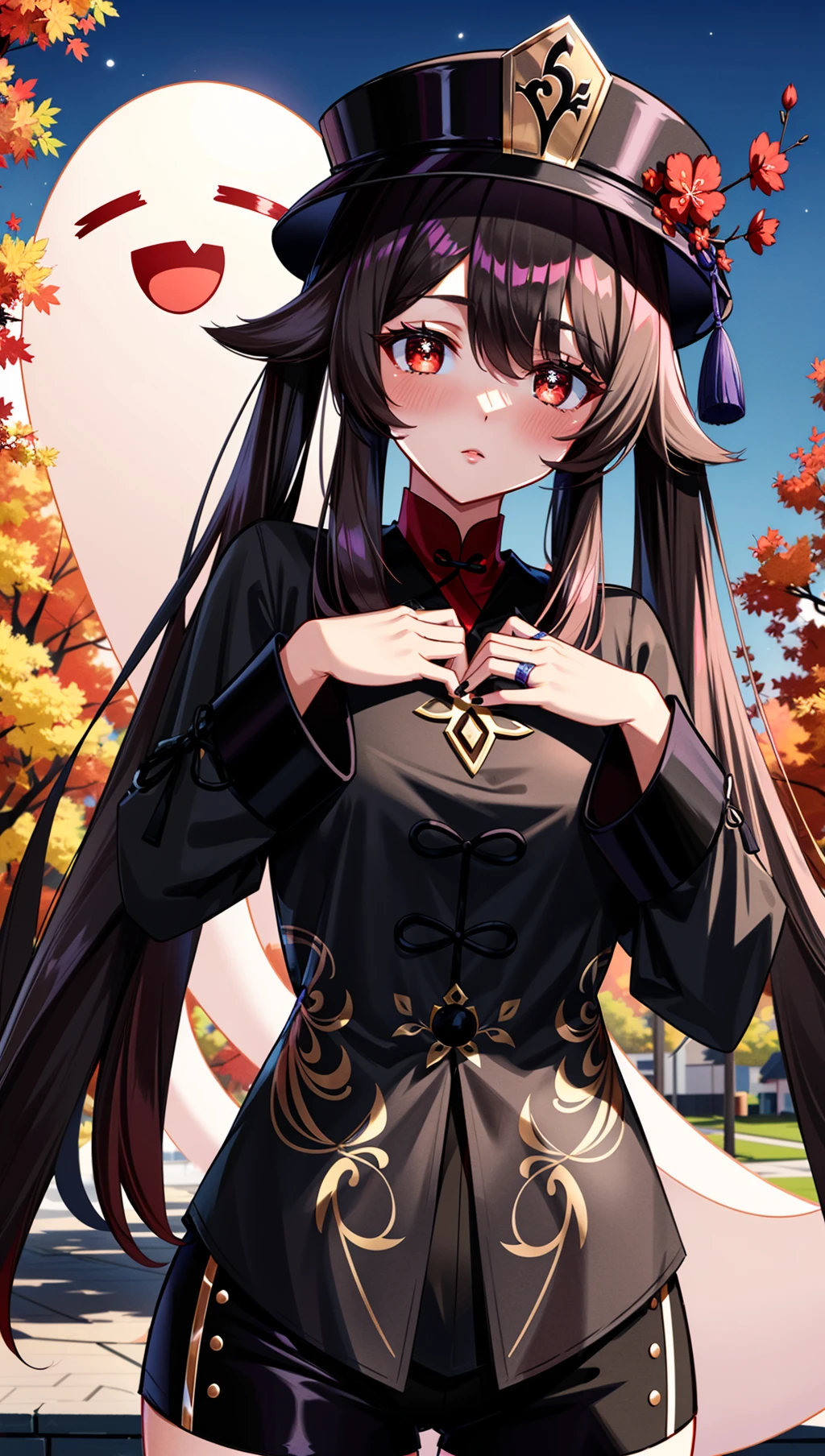 ((4k,masterpiece, high resolution, best quality:2, breathtaking, ultra detailed:1.4)),A cool female in the street at night,hutao,Hutao,1girl,hu tao (genshin impact),boo tao (genshin impact),hat,ghost,jewelry,looking at viewer,symbol-shaped pupils,ring,flower,shorts,twintails,solo,long hair,brown hair,black nails,long sleeves,black shorts,black headwear,hat flower,ghost pose,blush,red eyes,rim light,depth_of_field,scenery,reality,huge filesize,solo,Cinematic Lighting,<lora:more_details:0.4>,<lora:[LoRA] mhy_hutao_v1.0:0.6>,in autumn,moon,, (masterpiece, high resolution, best quality:1.4, breathtaking, ultra detailed)