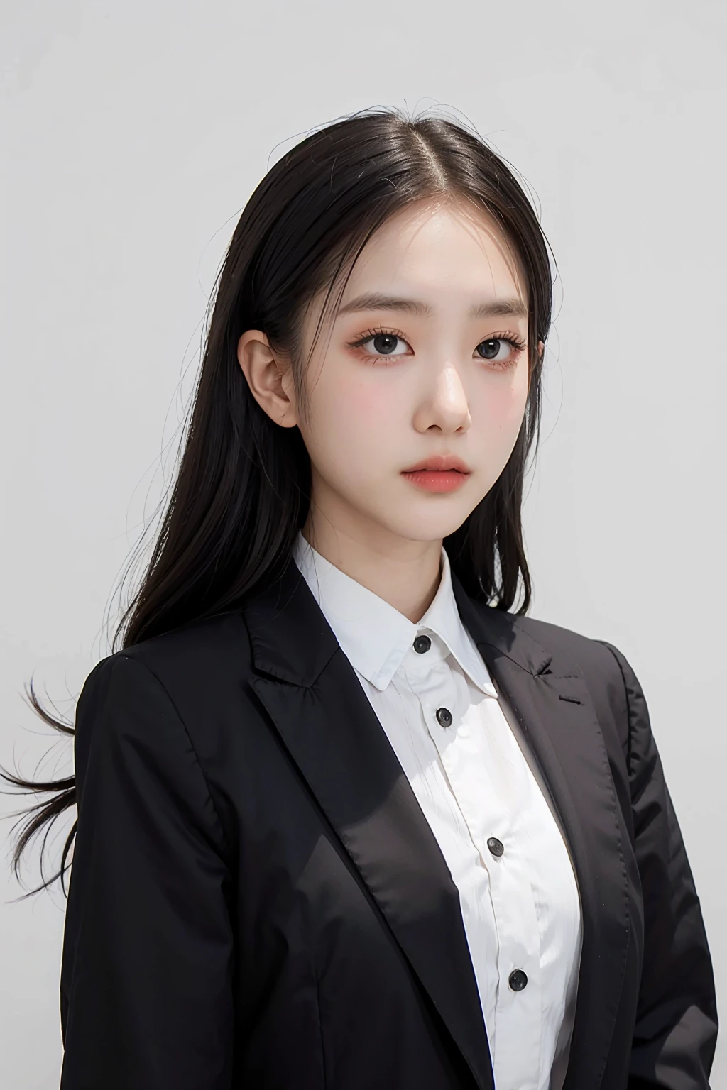 1girl, black random formal attire, white background, <lora:Jorin4EVE_V1-02:1>