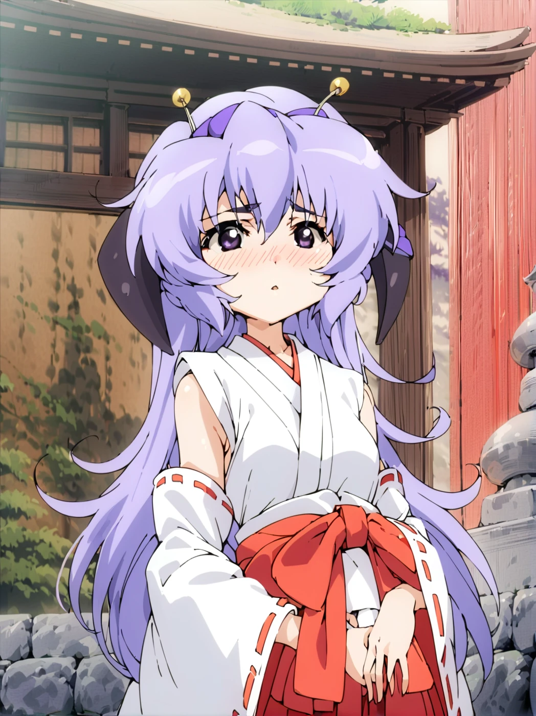 masterpiece,best quality,highest quality,best anatomy,<lora:0r0P00W0n0j0O0kqLSDXL_LoHA:1>,1girl,hanyuu,solo,japanese clothes,miko,horns,purple eyes,skirt,hakama,purple hair,hakama skirt,long hair,detached sleeves,red hakama,blush,