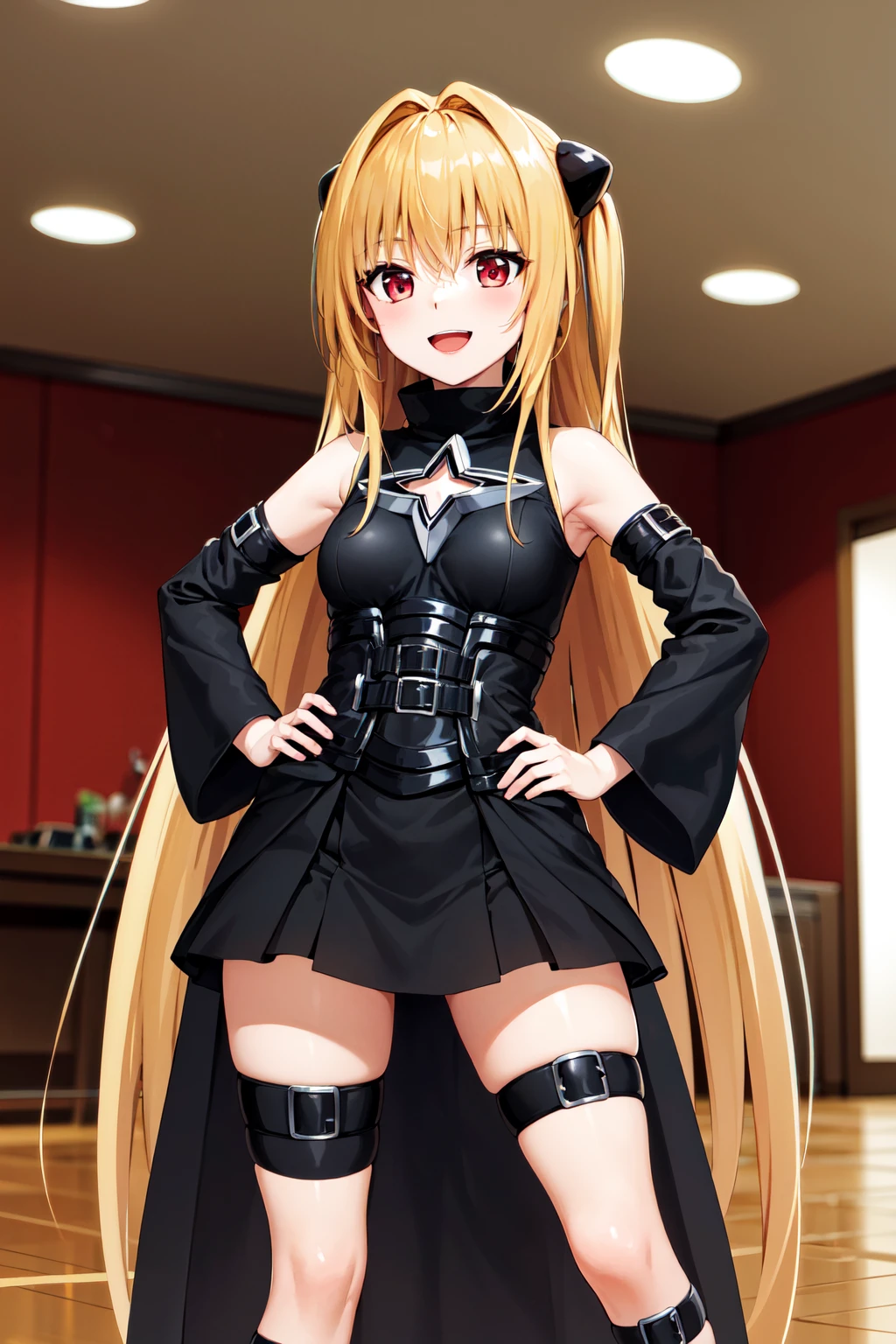 toloveruyami, yami, (yellow hair:1.5), long hair, (red eyes:1.5), (hair ornament:1.2), two side up, (small chest:1.2), 
BREAK sleeveless, detached sleeves, dress, black dress, black skirt, clothing cutout, cleavage cutout,
BREAK indoors, 
BREAK looking at viewer, (cowboy shot:1.5),
BREAK (masterpiece:1.2), best quality, high resolution, unity 8k wallpaper, (illustration:0.8), (beautiful detailed eyes:1.6), extremely detailed face, perfect lighting, extremely detailed CG, (perfect hands, perfect anatomy),(white panties:1.5), perineum, small breasts,  (sitting on floor), skirt lift, leg up, spread legs, (short, tiny, little:1.5), smile, open mouth, from below