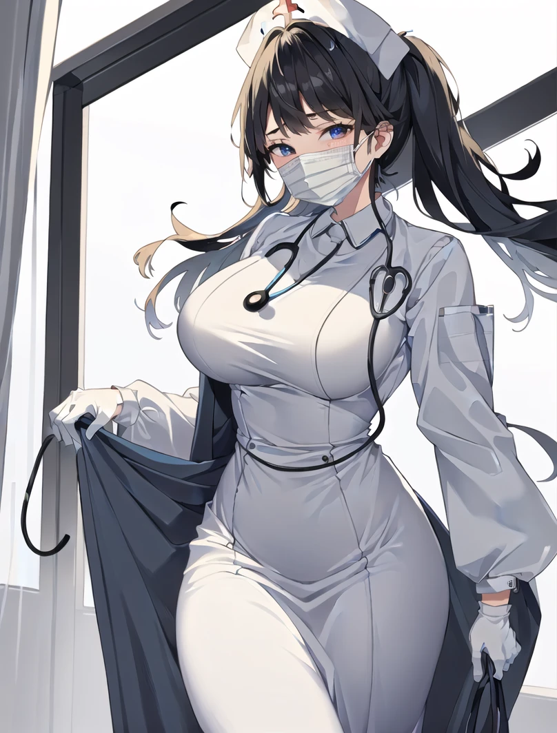 masterpiece, best quality, high quality,1girl, lower body, hospital, <lora:Long nurse unifirm T2:0.8> ((longnurset2, gloves, surgical mask, nurse, nurse cap, stethoscope,puffy dress,long sleeves,long dress)),