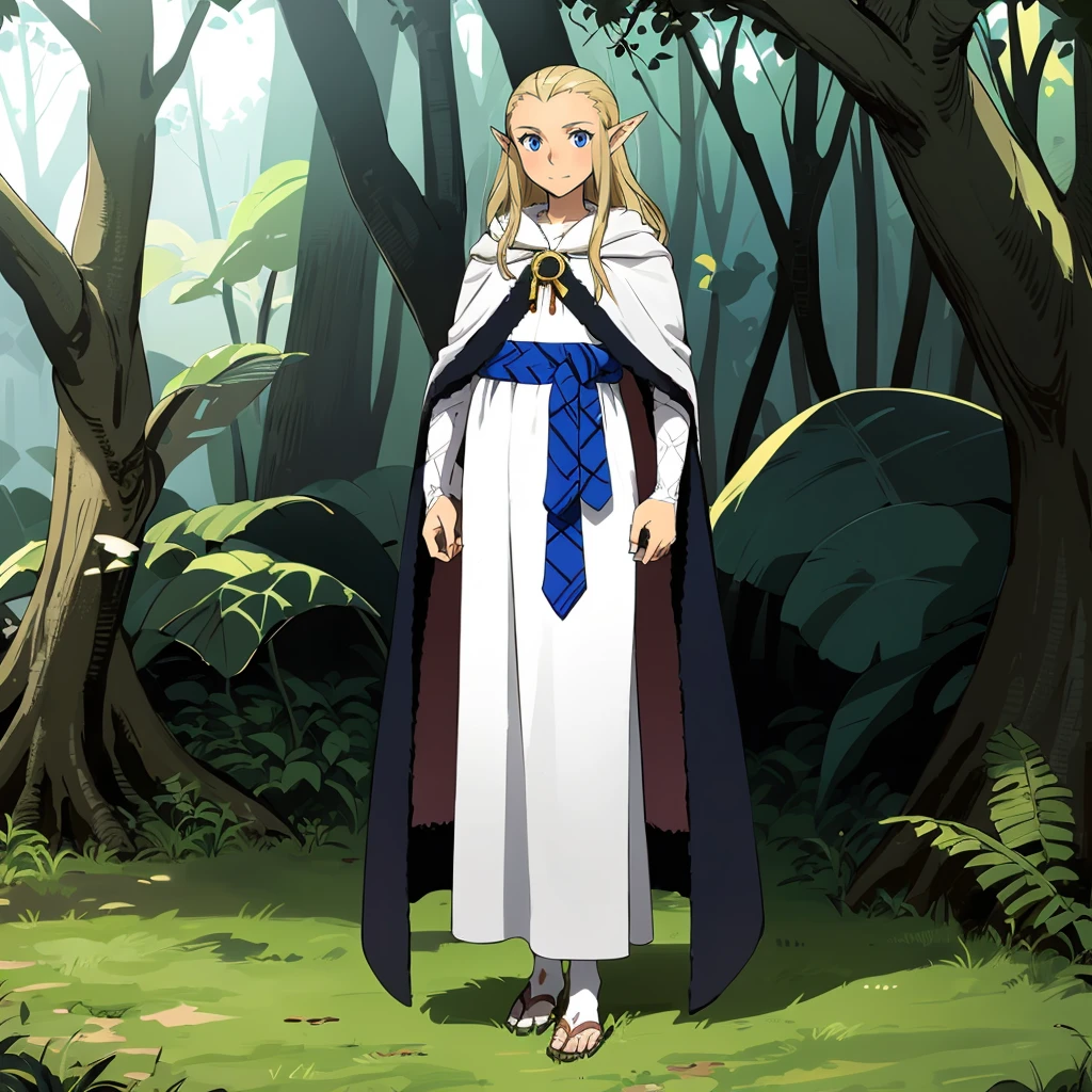 <lora:JessicaAlkirk001:0.7>,
Jessica,1girl,
blonde hair,long hair,blue eyes,pointy ears,
robe,cape,
nature,
full body,