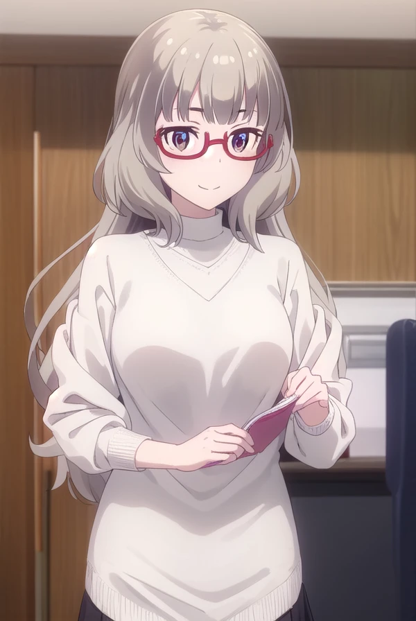 shizukuhazuki, <lora:shizuku hazuki s2-lora-nochekaiser:1>,
shizuku hazuki, long hair, bangs, (brown eyes:1.5), grey hair, glasses, semi-rimless eyewear, red-framed eyewear, under-rim eyewear, smile,
BREAK skirt, shirt, long sleeves, white shirt, black skirt, fringe trim,
BREAK indoors, office,
BREAK looking at viewer, (cowboy shot:1.5),
BREAK <lyco:GoodHands-beta2:1>, (masterpiece:1.2), best quality, high resolution, unity 8k wallpaper, (illustration:0.8), (beautiful detailed eyes:1.6), extremely detailed face, perfect lighting, extremely detailed CG, (perfect hands, perfect anatomy),