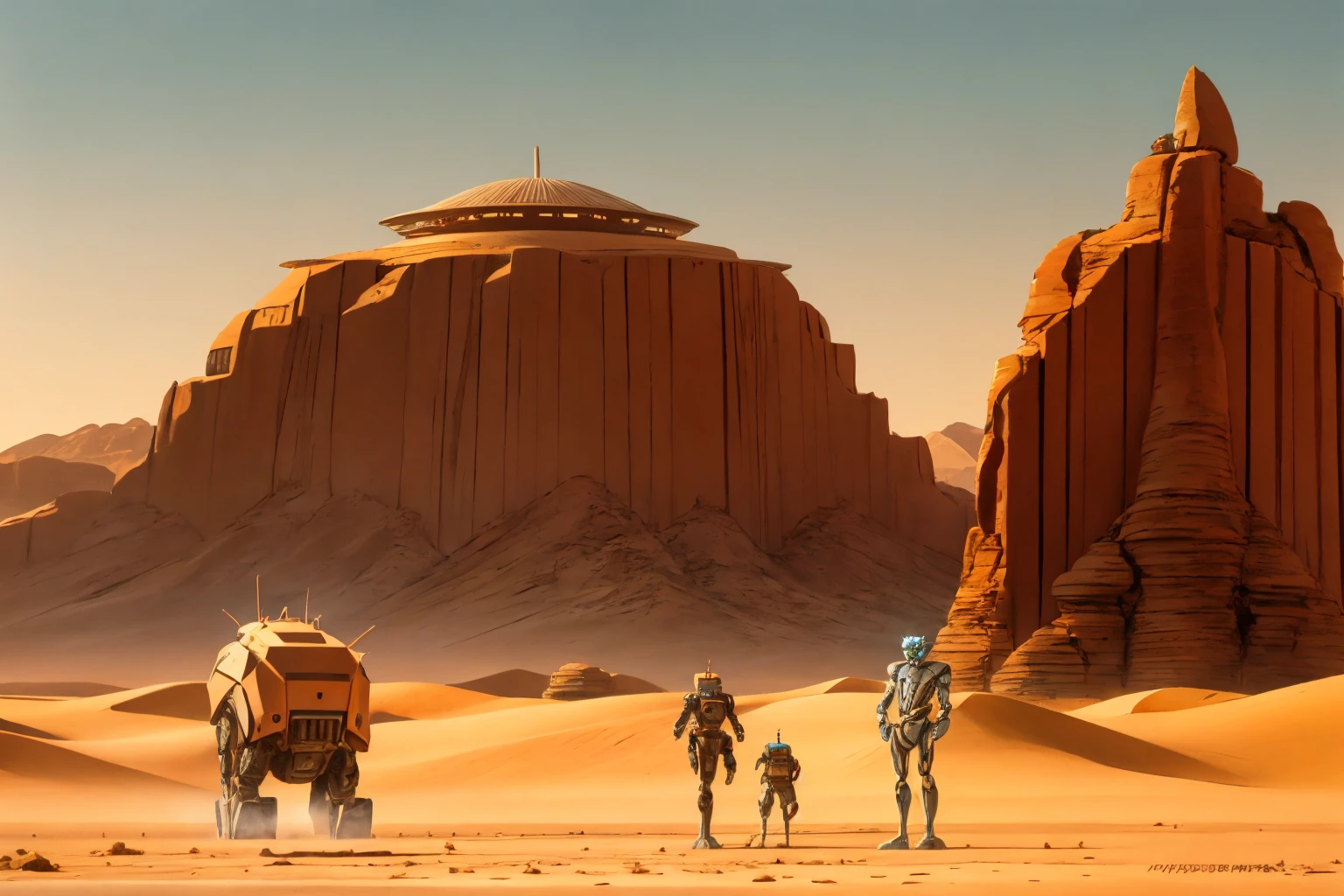a robot standing in the desert with a robot nearby in the foreground of a mountain range with a robot in the foreground, . rich colors, concept art, retrofuturism<lora:Ralph_Mcquarrie_style:1>