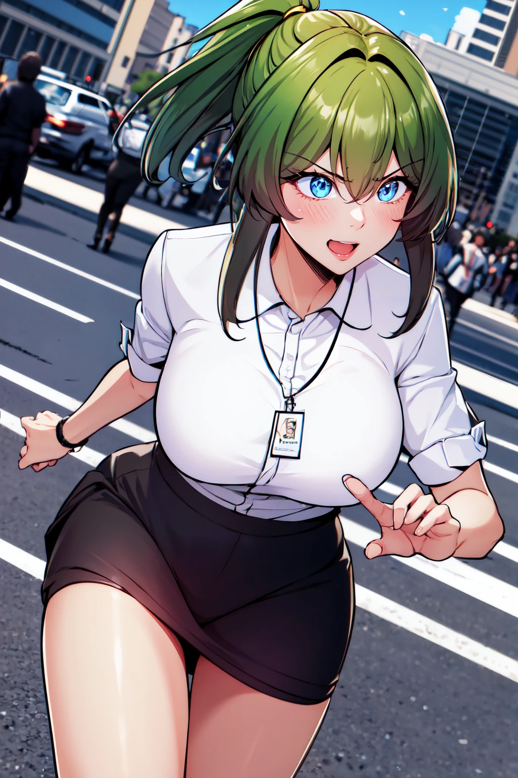 , a woman running, exited, expo,beautiful eyes, beautiful girl, high detail skin, high detail eyes, high detail hair, highres, ultra detailed, sharpen picture, Highly detailed, masterpiece, best quality, photorealistic, <lora:LeeSeyoungLoRA:0.8> 1girl, bangs, short hair, ponytail, collared shirt, skirt, id card
