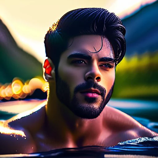 (intricate detail, beautiful/handsome:1.2) ,Friarmoody lighting, close up portrait of Jimmy Garoppolo a man <lora:simba-Jimmy-Garoppolo:1>, Sexy Country Style, bathing in a river, roots, (backlighting) , realistic, masterpiece, highest quality, lens flare, shade, bloom, [[chromatic aberration]], by Jeremy Lipking, by Antonio J. Manzanedo, digital painting, Skin Shine,Shiny Skin,Luscious skin, Smile,Chaos mode,unique details,full body