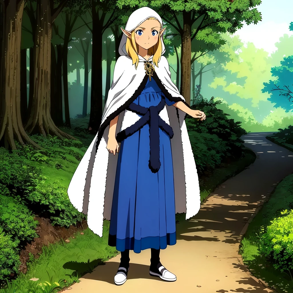 <lora:JessicaAlkirk001:0.7>,
Jessica,1girl,
blonde hair,long hair,blue eyes,pointy ears,
hood,robe,cape,
long_skirt,shoes,
nature,
full body,