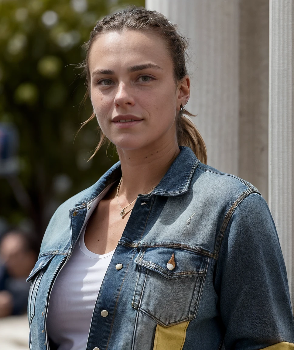 cinematic film still ,realistic, <lora:quiron_ArynaSabalenka_v1_lora:0.87> ArynaSabalenkaQuiron wearing JW Anderson patchwork denim jacket with contrasting panels, playing tennis, best quality, masterpiece, . shallow depth of field, vignette, highly detailed, high budget Hollywood movie, bokeh, cinemascope, moody, epic, gorgeous, film grain, grainy