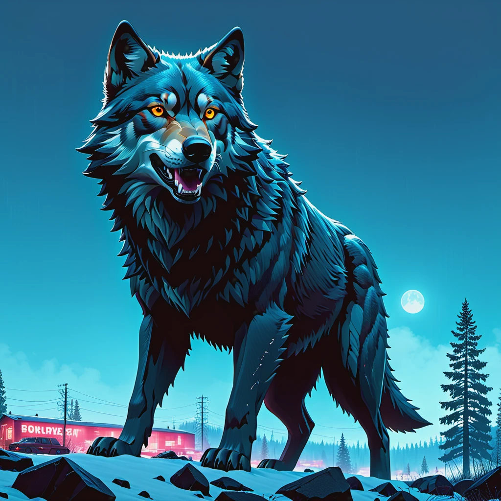 large wolf,    highly detailed,   8k,   sharp,  professional, clear,   high contrast, high saturated,  vivid deep blacks, crystal clear Simon Stalenhag Style 