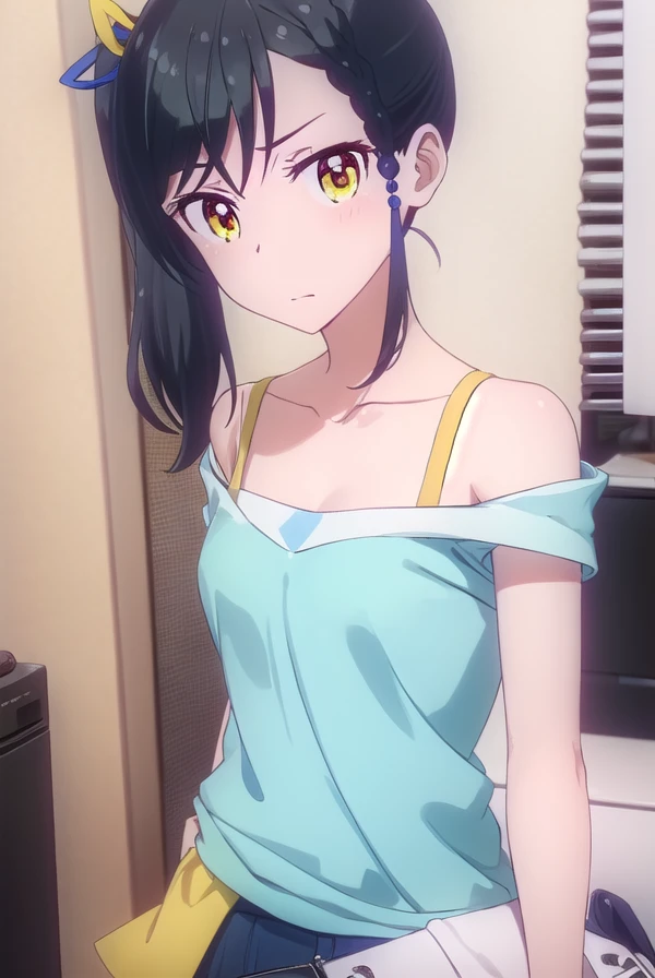 tsubamenarumi, <lora:tsubame narumi s2-lora-nochekaiser:1>, 
tsubame narumi, black hair, ribbon, hair ribbon, (yellow eyes:1.3), side ponytail, braid, single braid,
BREAK collarbone, shirt, off shoulder, bra strap, short sleeves,
BREAK indoors, office,
BREAK looking at viewer, (cowboy shot:1.5),
BREAK <lyco:GoodHands-beta2:1>, (masterpiece:1.2), best quality, high resolution, unity 8k wallpaper, (illustration:0.8), (beautiful detailed eyes:1.6), extremely detailed face, perfect lighting, extremely detailed CG, (perfect hands, perfect anatomy),