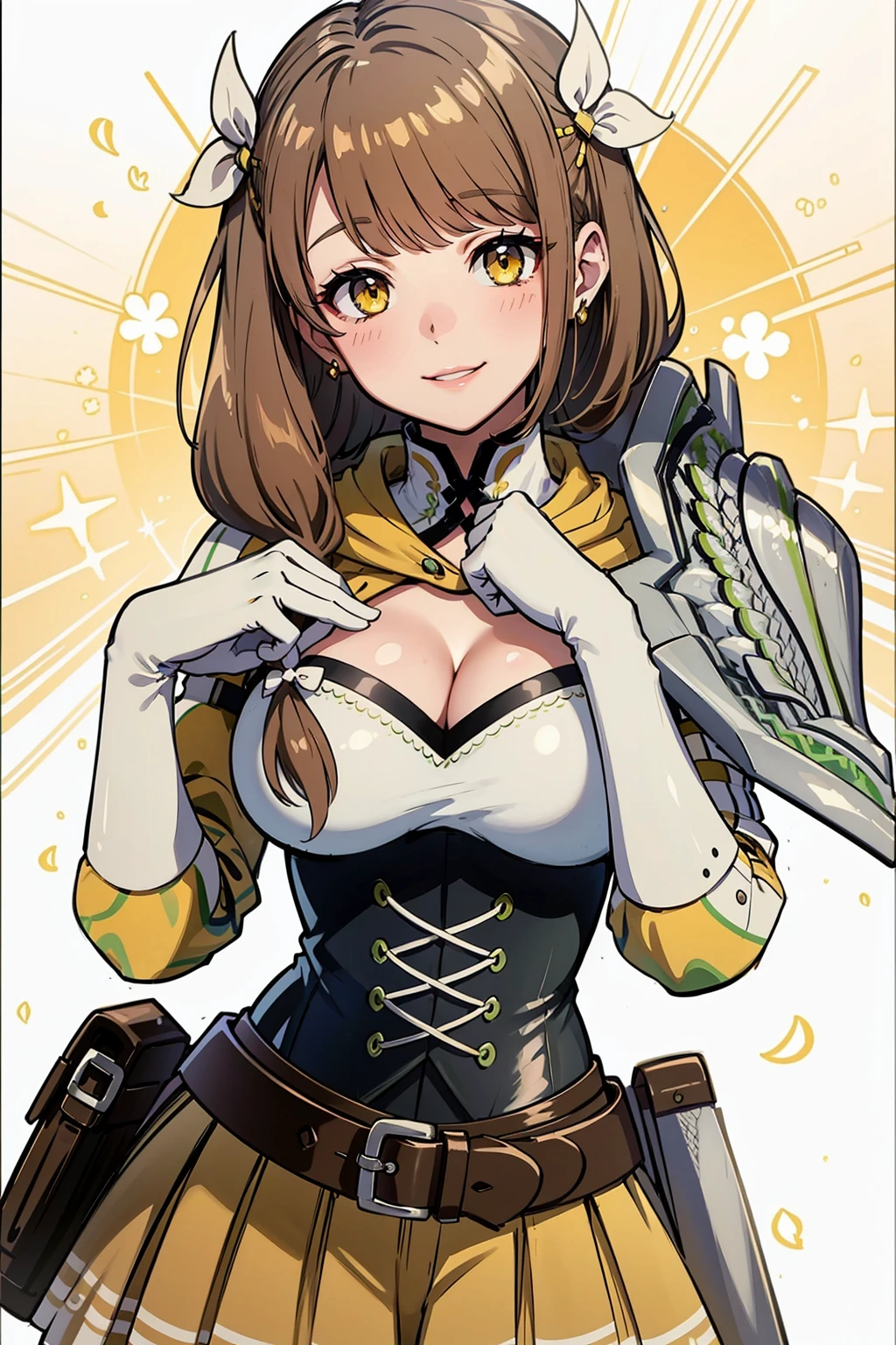 best quality, ultra-detailed,,1girl, solo,  nikkeanis, cross-eyed,  short_hair, open_mouth, large_breasts, brown_hair, hair_ornament, , brown_eyes,yellow_eyes, beret,  cowboy shot, (rabbit ears, playboy bunny:1.2),
