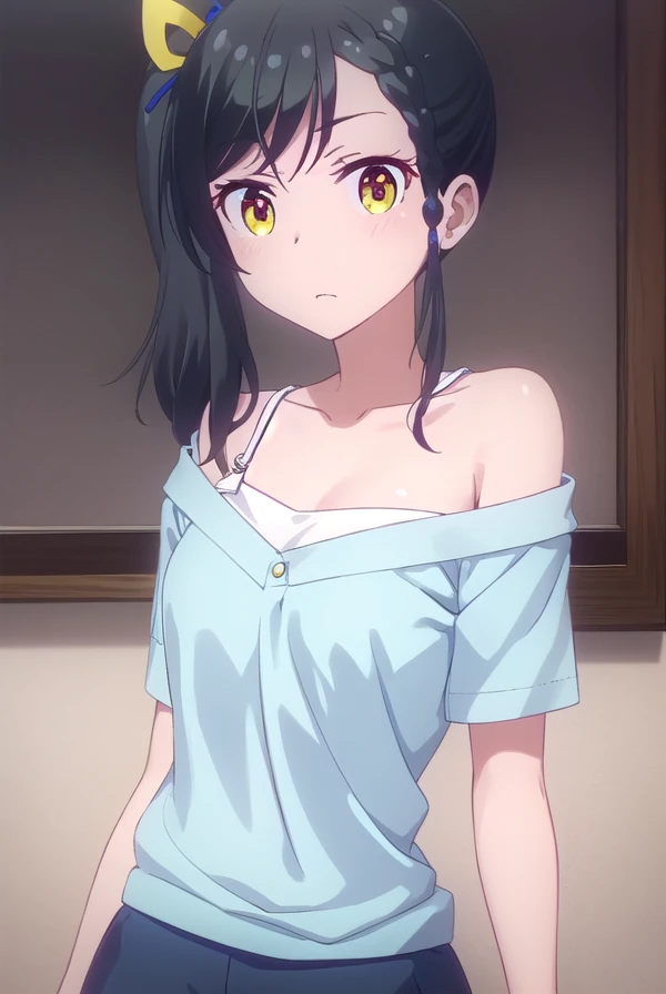 tsubamenarumi, <lora:tsubame narumi s2-lora-nochekaiser:1>,
tsubame narumi, black hair, ribbon, hair ribbon, (yellow eyes:1.3), side ponytail, braid, single braid,
BREAK collarbone, shirt, off shoulder, bra strap, short sleeves,
BREAK indoors, office,
BREAK looking at viewer, (cowboy shot:1.5),
BREAK <lyco:GoodHands-beta2:1>, (masterpiece:1.2), best quality, high resolution, unity 8k wallpaper, (illustration:0.8), (beautiful detailed eyes:1.6), extremely detailed face, perfect lighting, extremely detailed CG, (perfect hands, perfect anatomy),