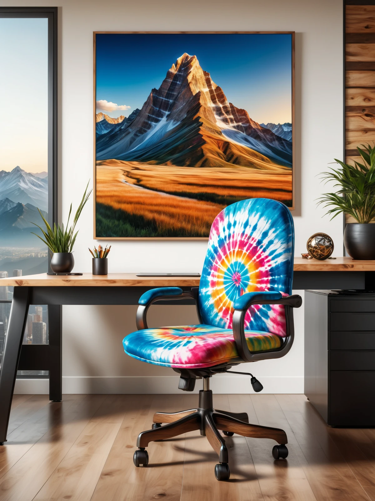 mad-tiedye office chair and wooden desk in an expensive office, photograph of a mountain on the wall,  <lora:Colorful_Tie-Dye_SDXL:0.5>, (masterpiece:1.2), best quality, (hyperdetailed, highest detailed:1.2), high resolution textures