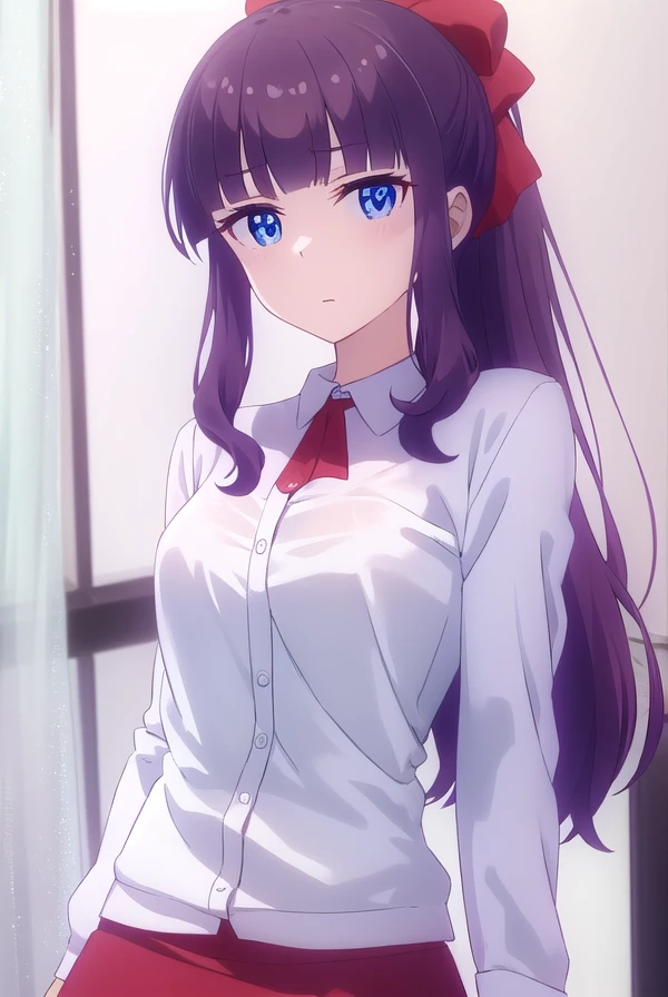 hifumitakemoto, <lora:hifumi takemoto s2-lora-nochekaiser:1>, 
hifumi takemoto, long hair, bangs, blue eyes, bow, ponytail, purple hair, hair bow,
BREAK skirt, shirt, thighhighs, white shirt, black thighhighs, red skirt,
BREAK indoors, office,
BREAK looking at viewer, (cowboy shot:1.5),
BREAK <lyco:GoodHands-beta2:1>, (masterpiece:1.2), best quality, high resolution, unity 8k wallpaper, (illustration:0.8), (beautiful detailed eyes:1.6), extremely detailed face, perfect lighting, extremely detailed CG, (perfect hands, perfect anatomy),