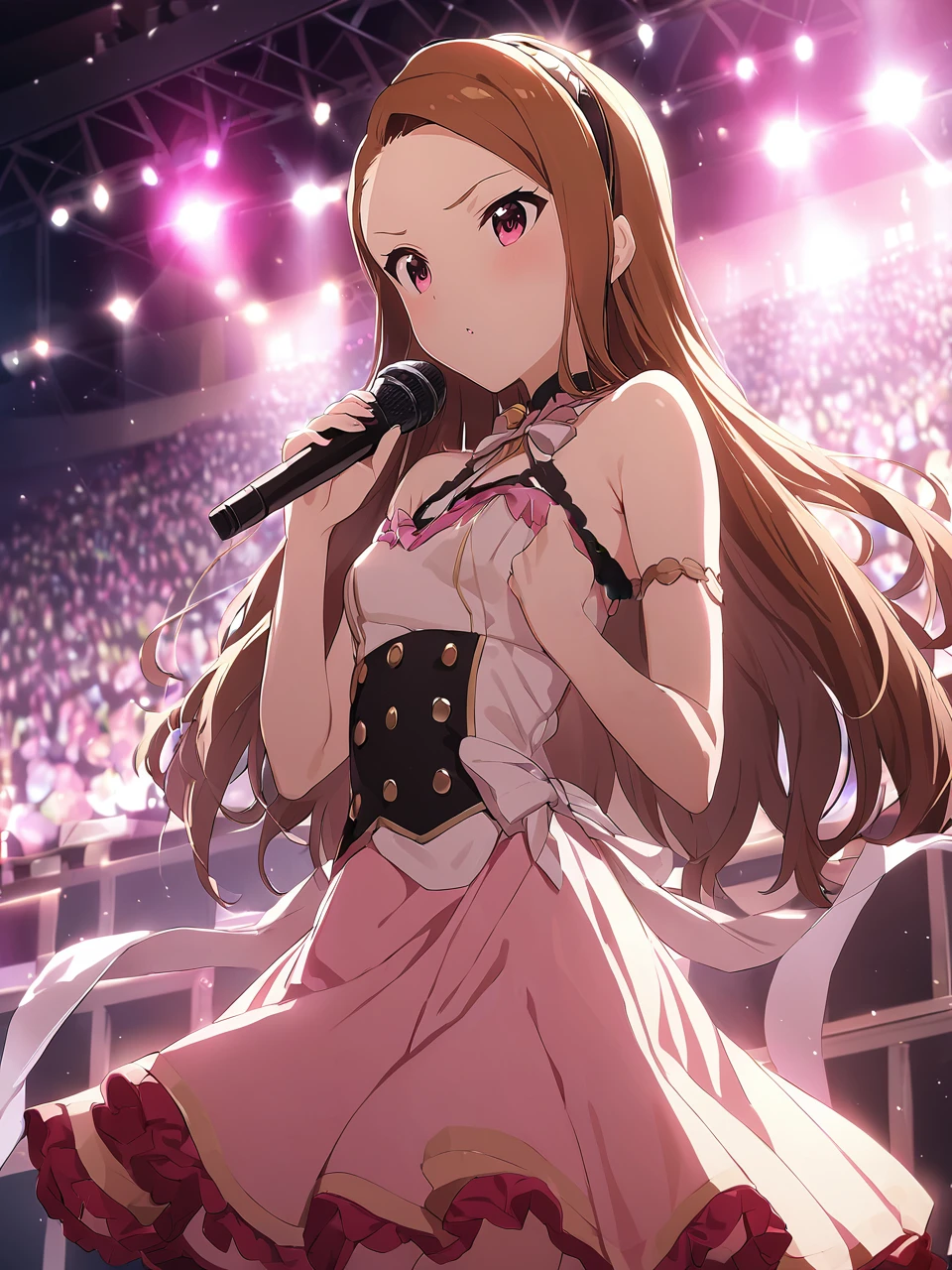 dsiori, brown hair, long hair, pink eyes, small breasts, hairband, dress, idol clothes, bare shoulders, 1girl, solo
BREAK
standing, stage, audience, holding microphone, cowboy shot, depth of field, cinematic, masterpiece, best quality, game cg
 <lora:dsiori_a3b:1>