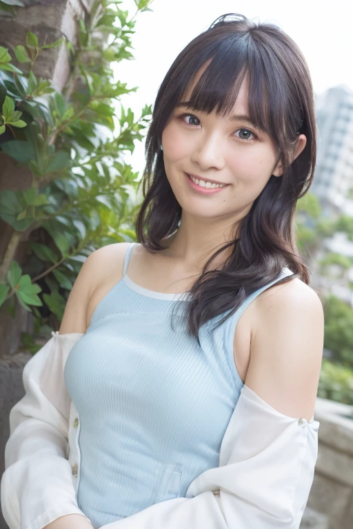 1girl, (light blue seamless camisole, jacket:1.6),(sleeveless, off shoulder:1.4),(RAW photo, best quality), (realistic, photo-realistic:1.4), masterpiece, an extremely delicate and beautiful, extremely detailed, 2k wallpaper, Amazing, finely detail, extremely detailed CG unity 8k wallpaper, ultra-detailed, highres, soft light, beautiful detailed girl, extremely detailed eyes and face, beautiful detailed nose, beautiful detailed eyes,(cinematic lighting:1.4),(in the city:2.0),perfect anatomy,(slender body:1.6),(close up face:),(laugh,Friendly, warm:2.0),(looking at viewer:1.8),(japanese idol:1.8),(shoulder length brown hair:1.8), (brown eyes:1.8),(dynamic posing:1.8),   <lora:saekiiori_lora-13:0.8>