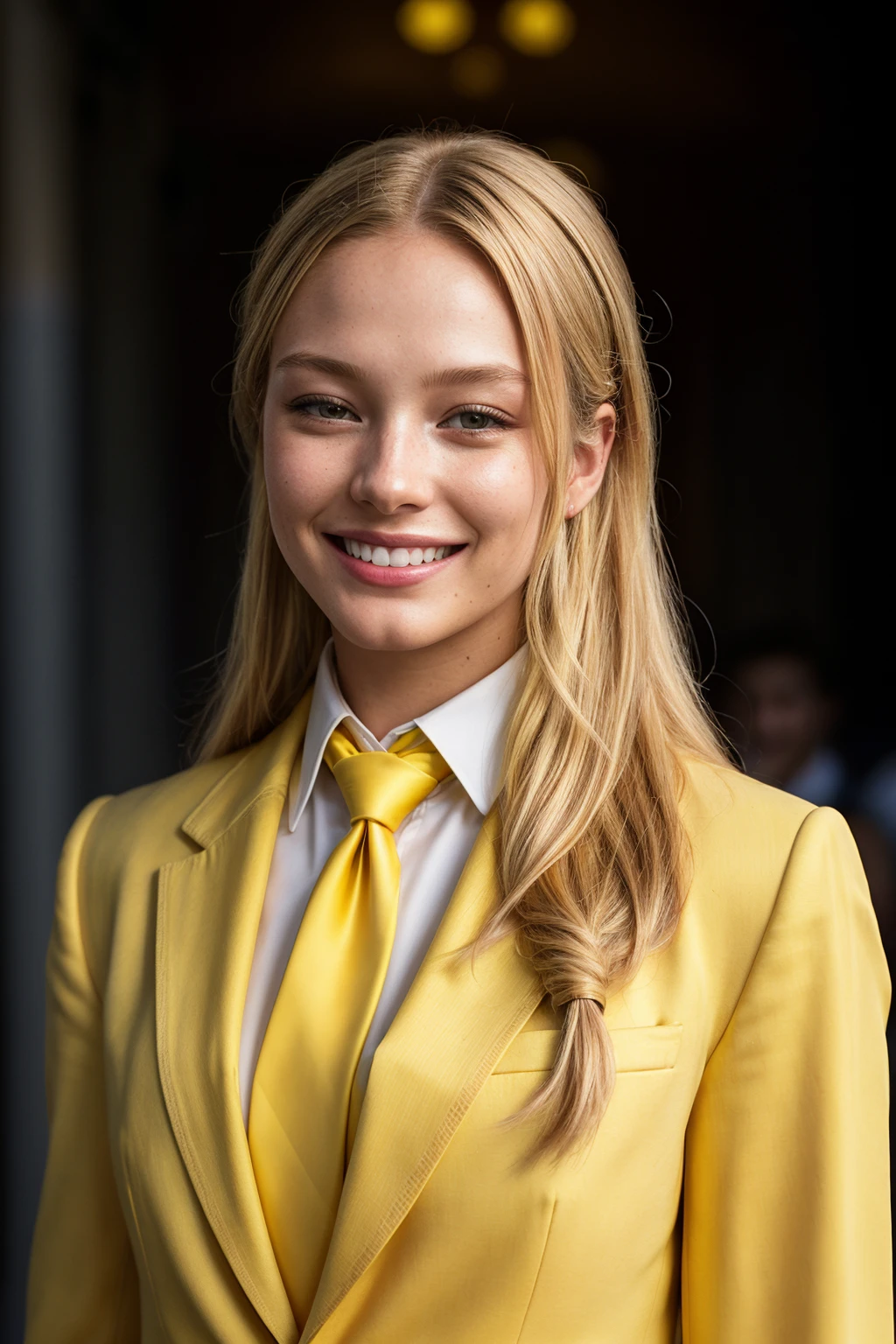 (CINEMATIC SHOT:1.4)(Crowded College Campus:1.4) ((CLOSE-UP SHOT, ZOOM ON FACE:1.3)) TrualityCampus_Melody (blonde long hair:1.4)(tucked White Formal Shirt 1.3)(Yellow Blazer:1.4)(Necktie:1.5)(Jeans:1.4)((Photo Focus, DOF, Aperture, insanely detailed and intricate, character, hypermaximalist, elegant, ornate, beautiful, exotic, revealing, appealing, attractive, amative, hyper realistic, super detailed, heresy flares))(volumetric yellow smoke:1.3) (standing in front of a college entrance) <lora:more_details:0.4> (smiling:1.4)